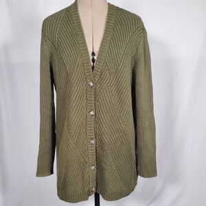 Cabi Women's Cardigan Medium Green Cotton Chunky Knit Button-Up Classic Sweater